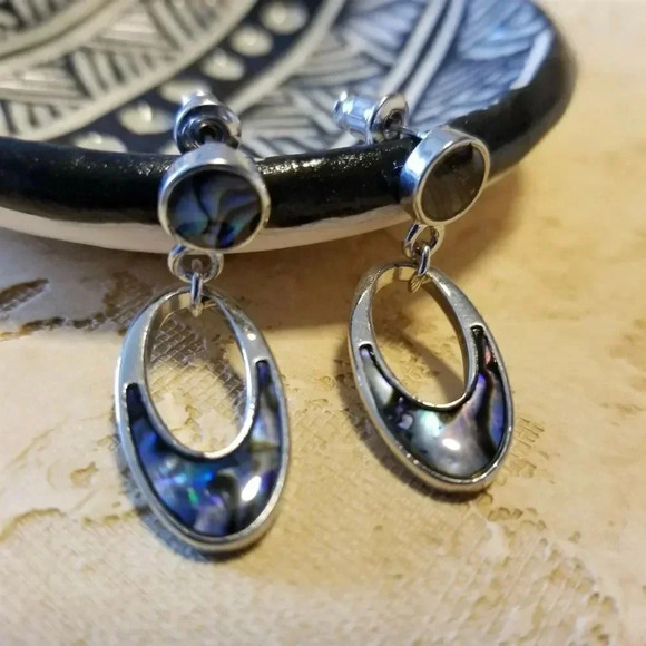 Mid Century Style Paua Shell Open Oval Modernist Dangle Earrings Silver Tone - Picture 1 of 7